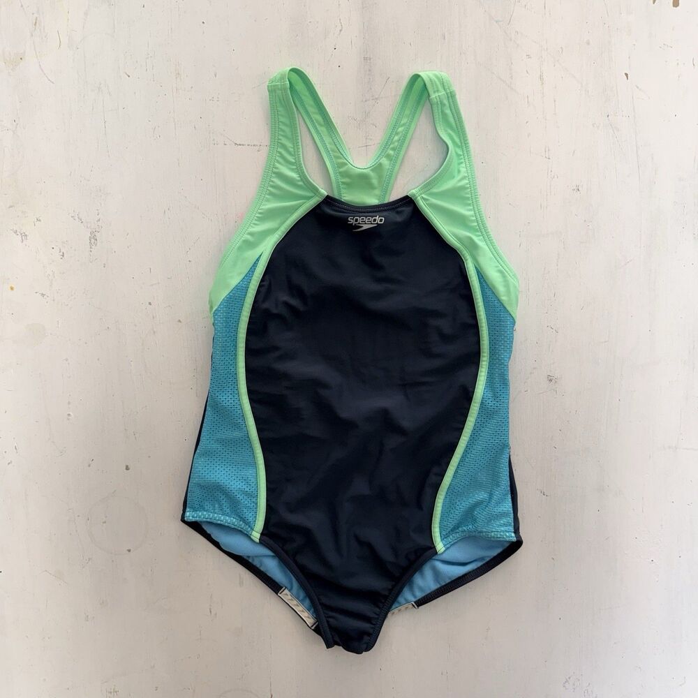 Speedo L141143 Girl's Grey Blue Green Mesh Splice Swimsuit One Piece Size 16